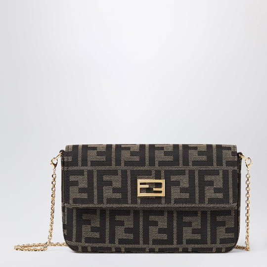 Tube Wallet On Chain In Ff Zucca Jacquard And Brown Leather