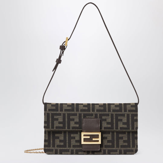 Tube Wallet On Chain In Ff Zucca Jacquard And Brown Leather