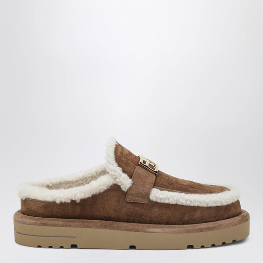 Brown Ff Suede And Shearling Apres Chic Sabots