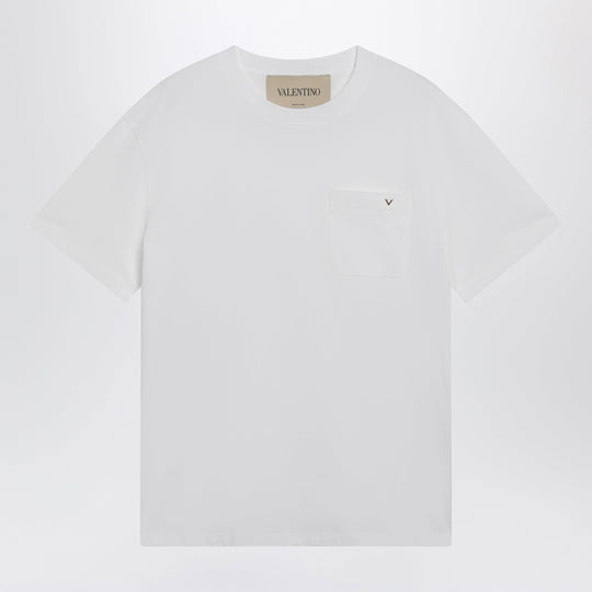 White Cotton T-Shirt With V Gold