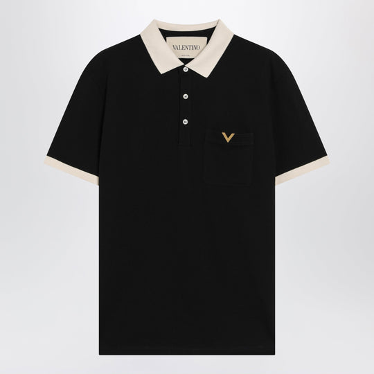 Black Cotton Piqué Polo Shirt With Vgold