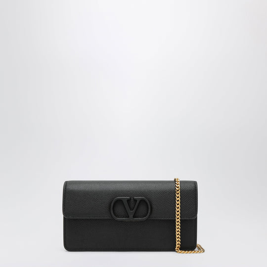 V Logo Signature Chain Wallet In Black Leather