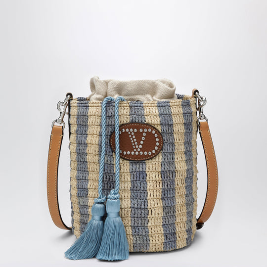 Small Bucket Bag In Raffia With Beige And Light Blue Stripes