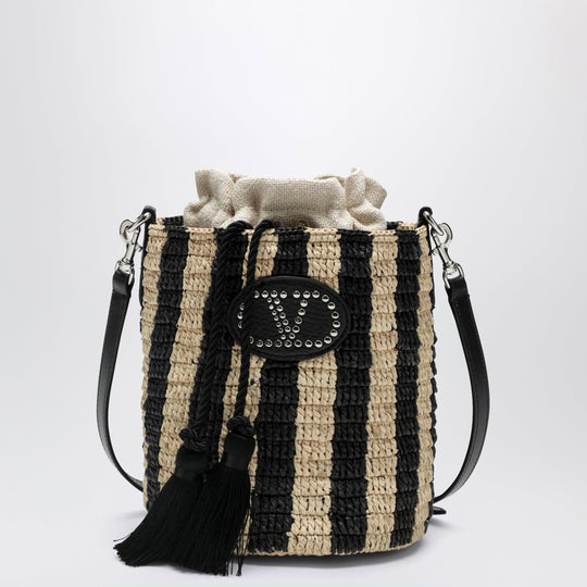 Small Bucket Bag In Raffia With Beige And Black Stripes