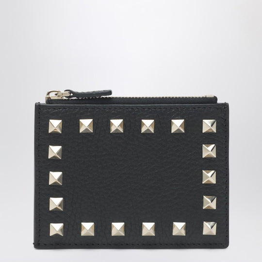Black Leather Rockstud Zip Card Holder