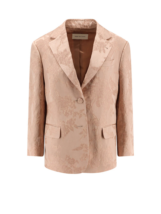 Jacquard Linen Blend Blazer With Floral Motif