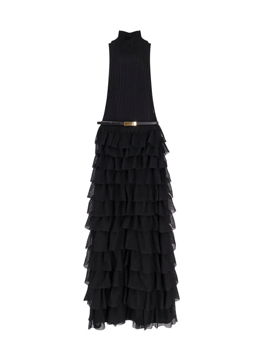 Red Carpet Ribbed Knit Dress With Flounces