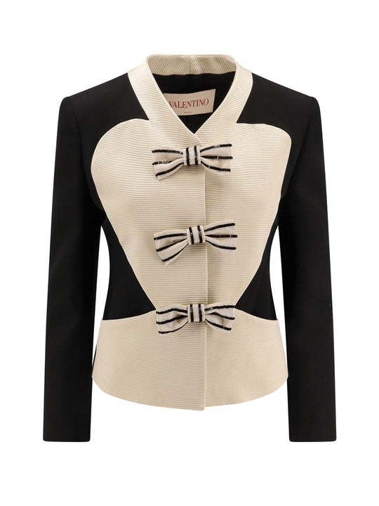 Crepe Couture Blazer With Ottoman Plastron And Bows With Sequins