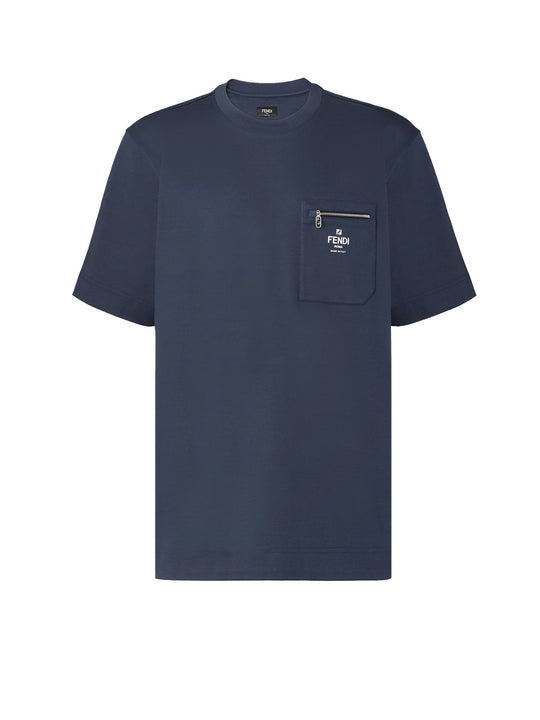 Cotton T-Shirt With A Zipped Breast Pocket And Contrasting Printed Fendi Roma Logo