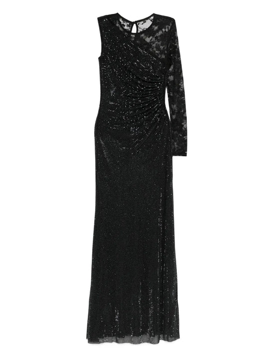 Black Rhinestone Mesh And Lace Maxi Dress