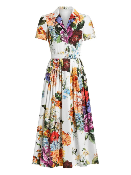 Poplin Midi Dress With Floral Bouquet Print