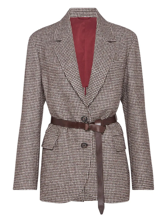 Belted Blazer With Houndstooth Pattern