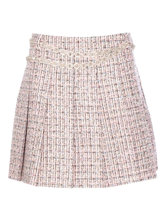 Pink Bouclé Crystal Belted Mini Skirt