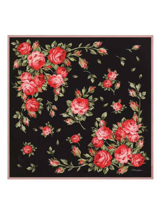 90x90 Cm Silk Twill Scarf With A Rose Bouquet Print