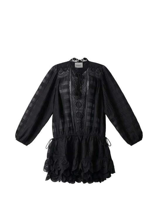 Preya Ruffled Dress Features Black Mesh Detail Embroidery Ruffled Drawstring Closure Long Sleeves Composition 100% Cotton Washing Instructions Read Manufacturer`S Instructions Composition Id 100% Cotton Washing Instructions Read Manufacturer`S In