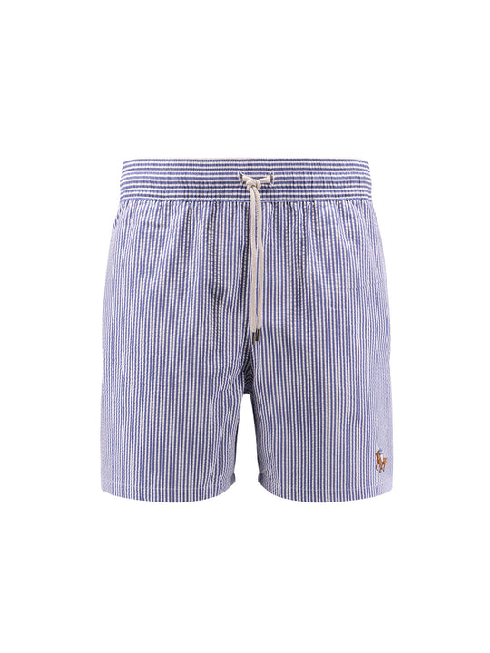 Cotton Blend Striped Swim Trunk With Logo Embroidery
