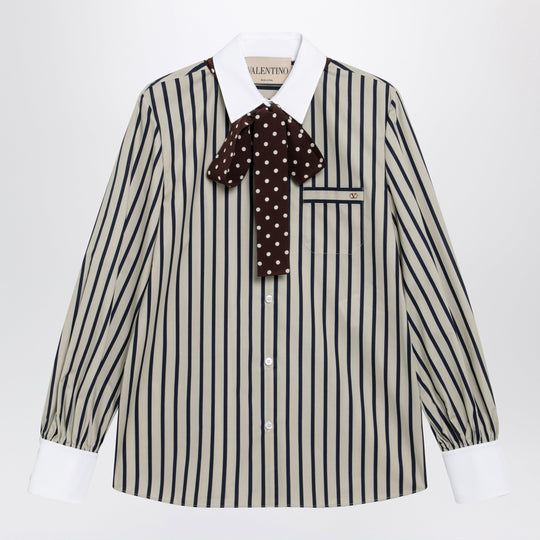 Striped Cotton Shirt With Scarf In Beige And Blue