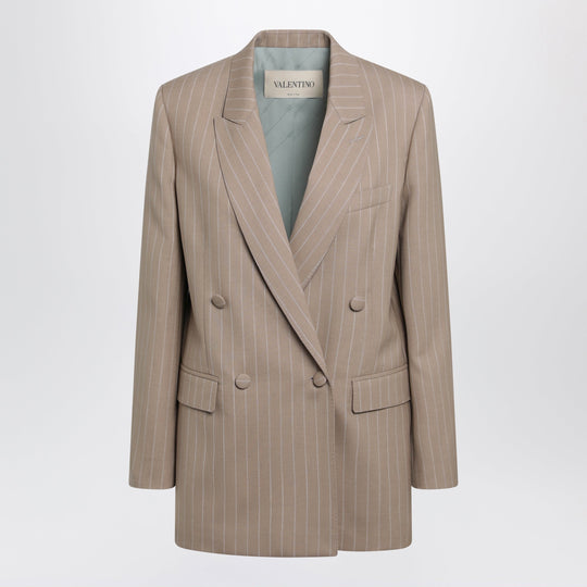Double-Breasted Pinstripe Jacket In Mud/Ivory Virgin Wool