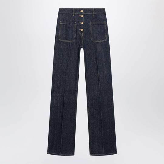 Cotton Denim Pants With Logo Buttons, Medium Blue