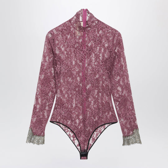 Burgundy Lace Bodysuit With Contrasting Cuffs