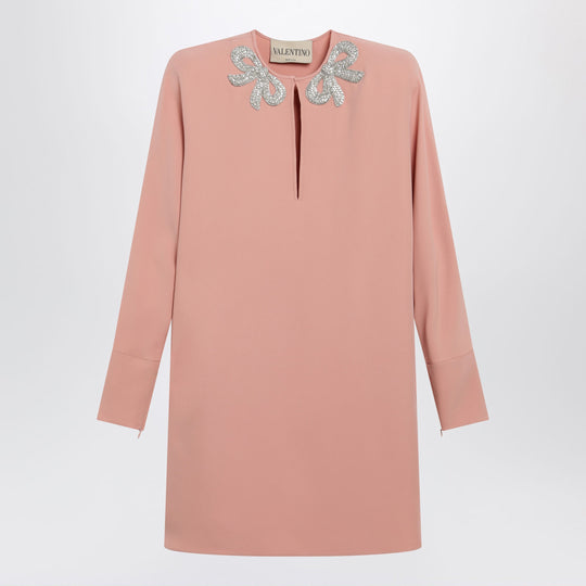 Pink Silk Short Dress With Embroidered Bows