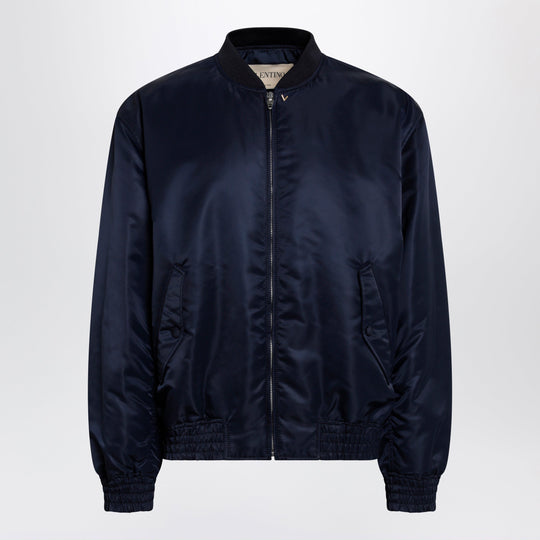 Shiny Navy Blue Zip-Up Bomber Jacket With Vlogo