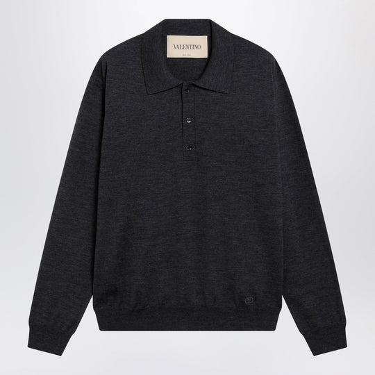 Wool Polo Shirt With V Logo Embroidery In Anthracite
