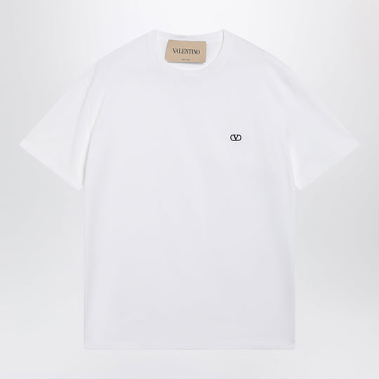 White Cotton T-Shirt With V Logo Embroidery