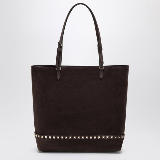 Medium Rockstud Shopper Bag In Ebony Brown And Black Suede