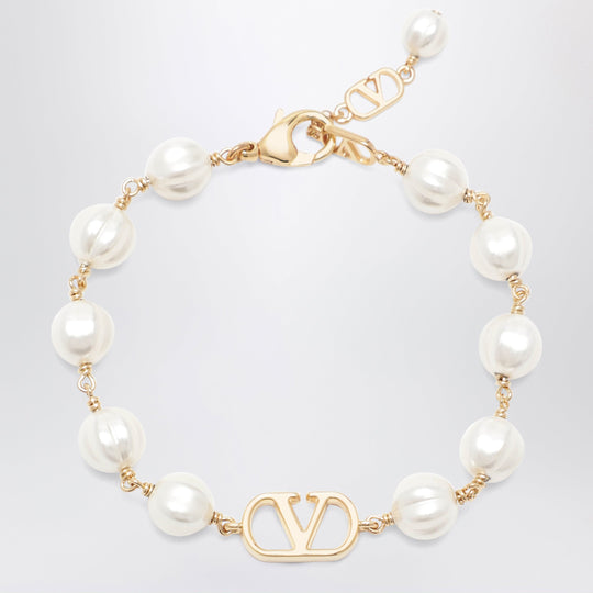 V Logo Signature Bracelet In Metal And Pearls, Gold/Cream