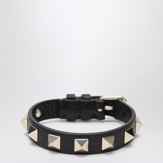 Black Leather Rockstud Bracelet With Gold-Tone Studs