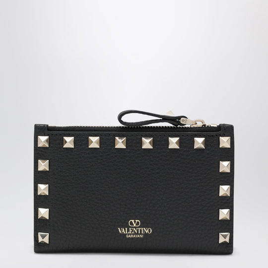 Black Leather Rockstud Zip Card Holder