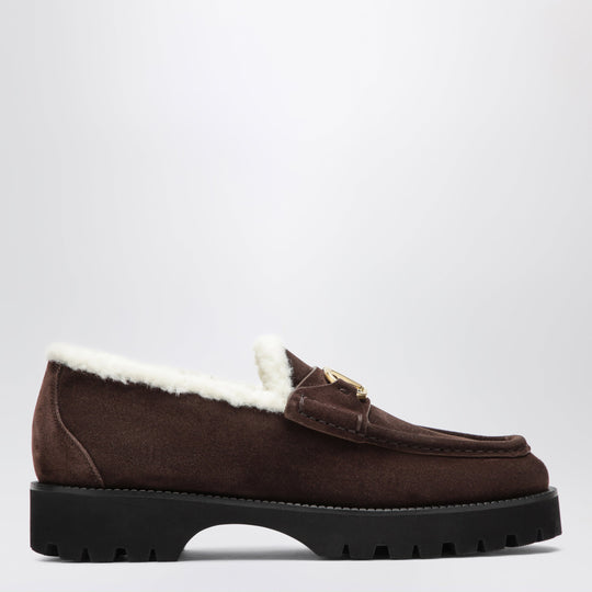 Brown V Logo Loafers In Suede With Shearling