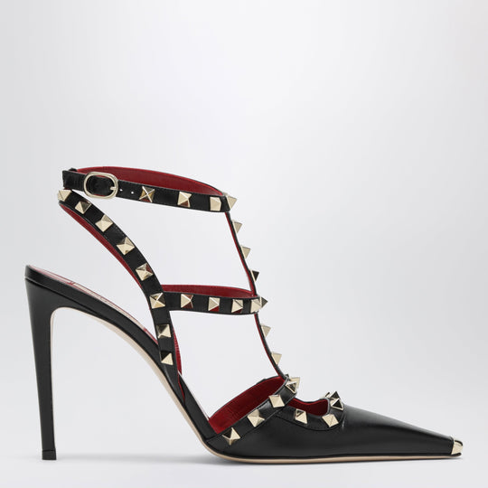 Rockstud Black Leather Slingback Heels