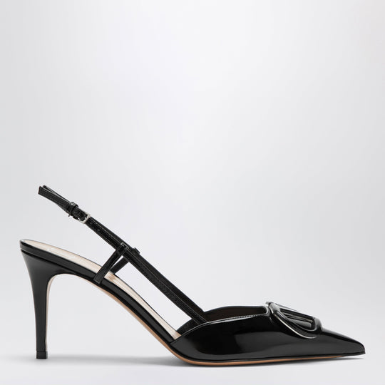 V Logo Black Patent Leather Slingback Pumps
