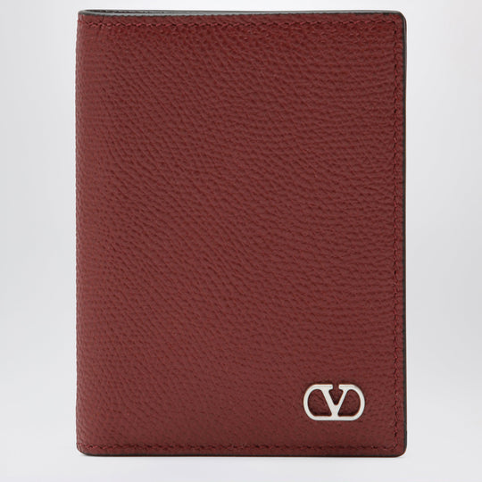 Dark Red Vlogo Card Holder In Grained Leather