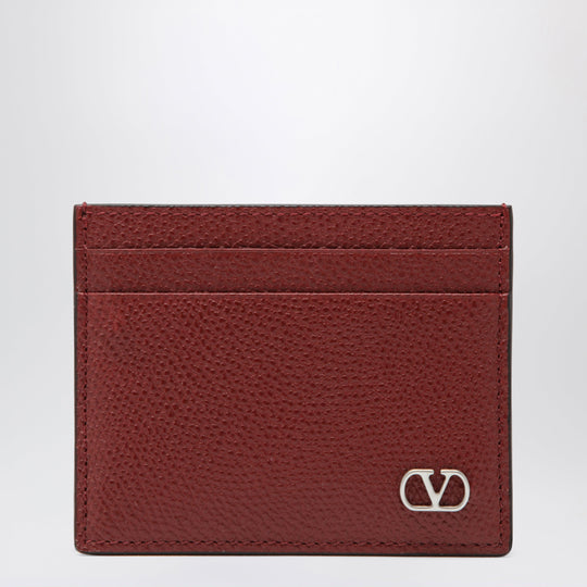V Logo Signature Card Holder In Grained Calfskin, Russet Red