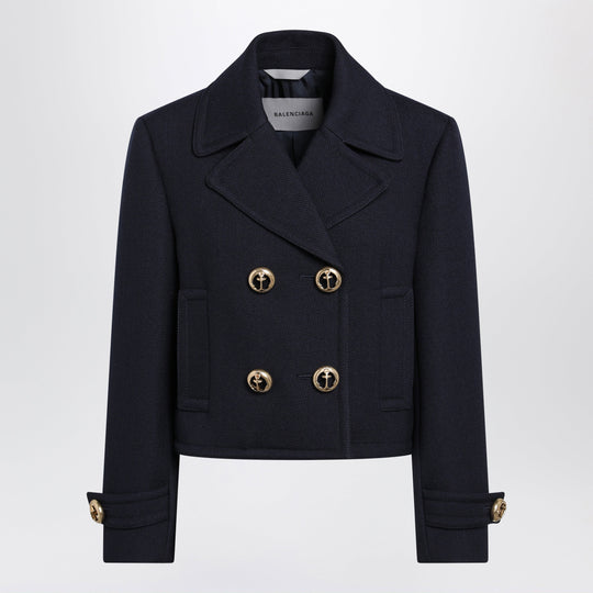 Cropped Caban Coat In Textured Wool, Navy