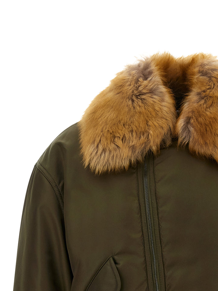 Saint Laurent Removable Shearling Neck Bomber Jacket Puffer Jackets - Green | 91ebdcdfd93c747a6b6d15732d26c1945fa25ec9