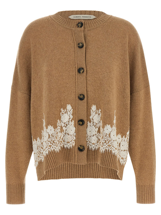 Lace Insert Cardigan Sweaters And Cardigans Brown
