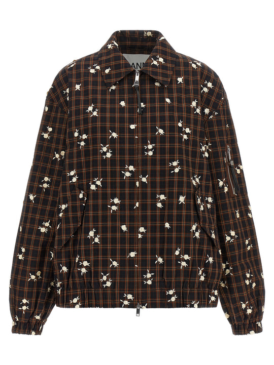 Check Flower Puffer Jackets Brown