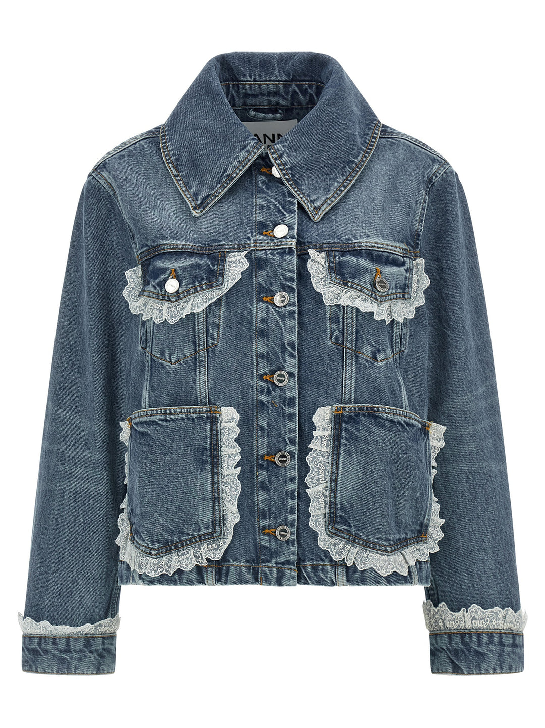 Ganni Denim And Lace Jacket Puffer Jackets - Blue | 410e03c6db91f2cf7b420b4bd0a0014732648ff2