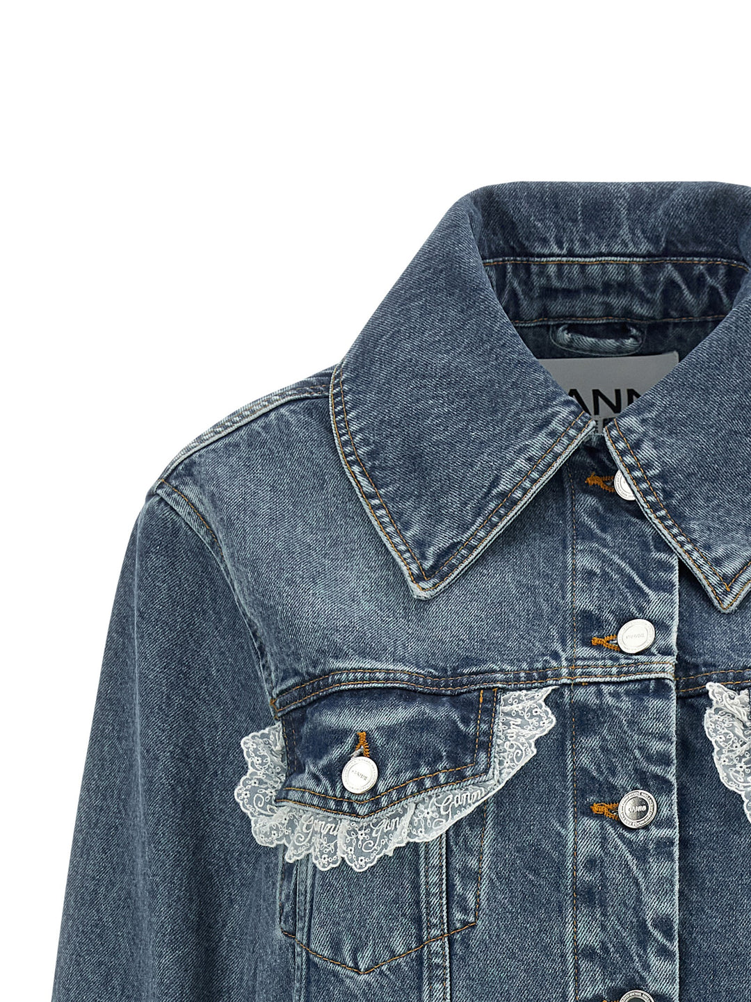 Ganni Denim And Lace Jacket Puffer Jackets - Blue | 99a3b71bc1e9ddd2c5823a790683eb15968e72d0