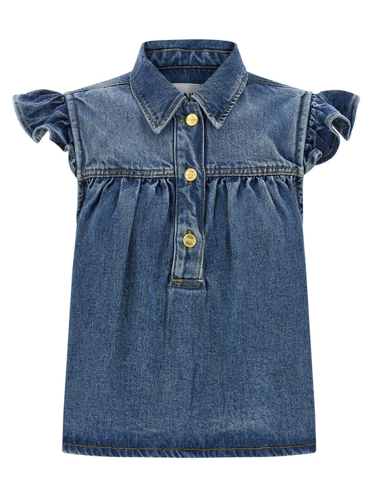 Denim Ruffle Tops Blue