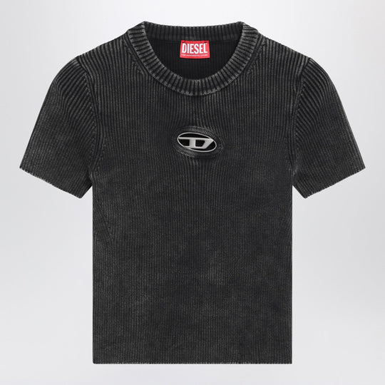 Cropped Washed Black T-Shirt With Metallic Oval D