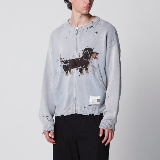 Jacquard Cardigan With Dachshund In Distressed Cotton Blend