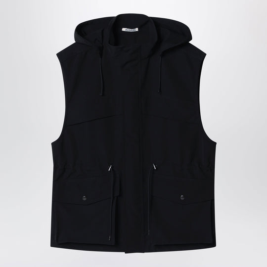 Black Wool Canvas Gilet With Drawstring