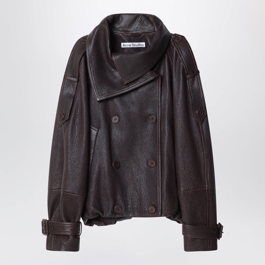 Dark Brown Cropped Leather Trench Coat