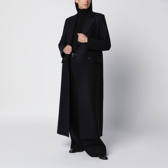 Long Black Double-Breasted Wool Coat
