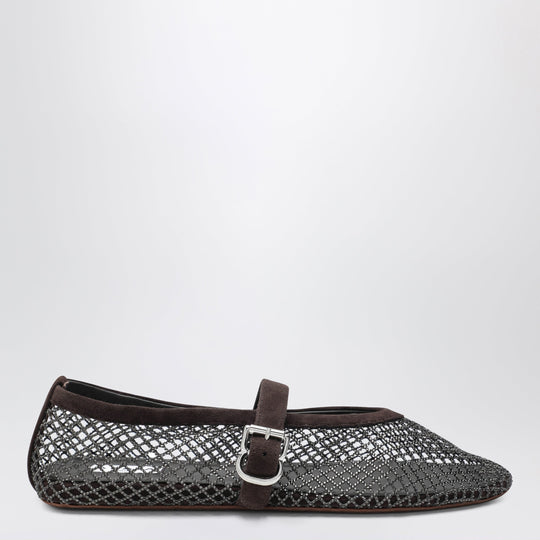 Flat Rhinestone Mesh Ballerinas In Suede, Smoky Brown